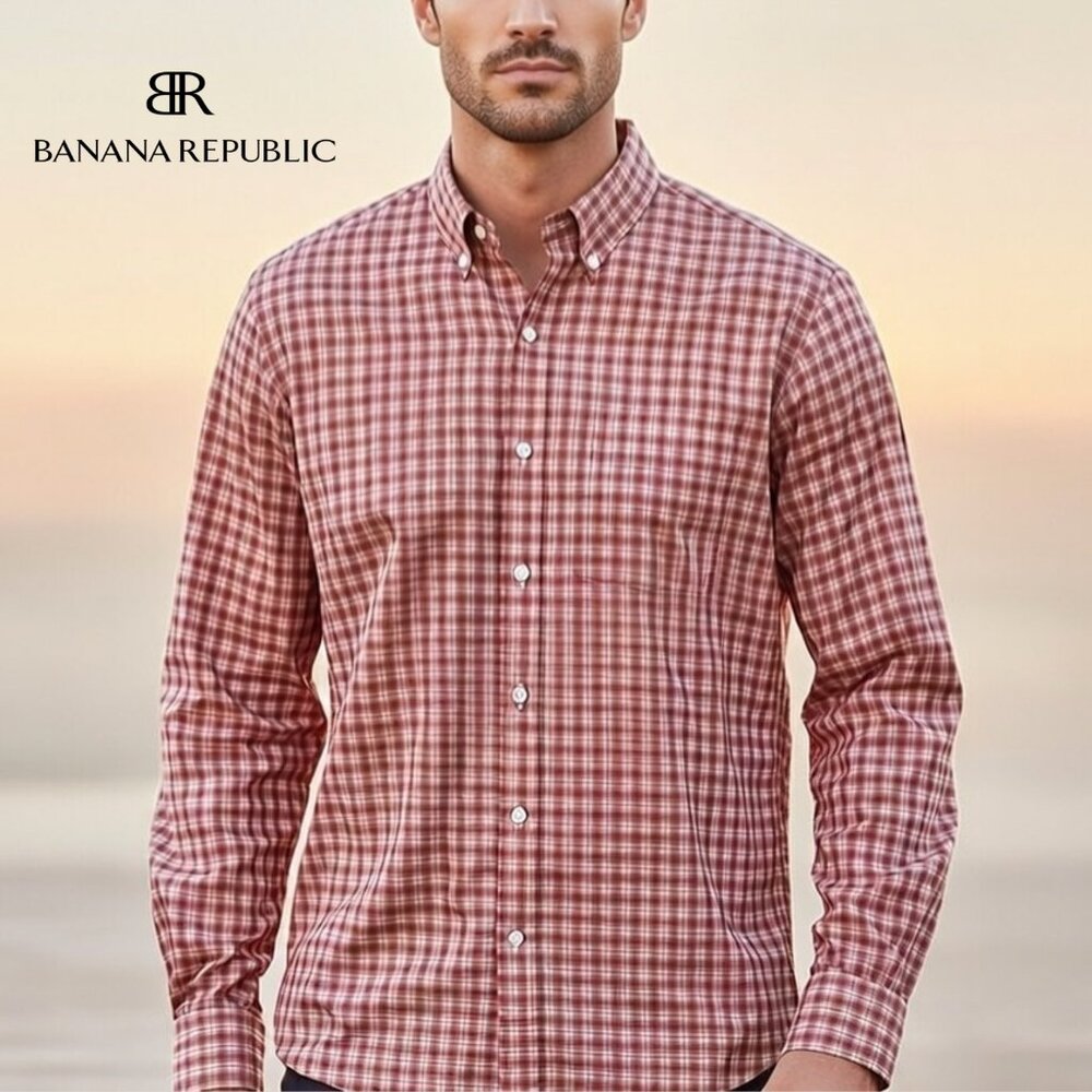 Banana Republic Mens L Classic Fit Non-Iron Red Plaid Check Casual Button Shirt